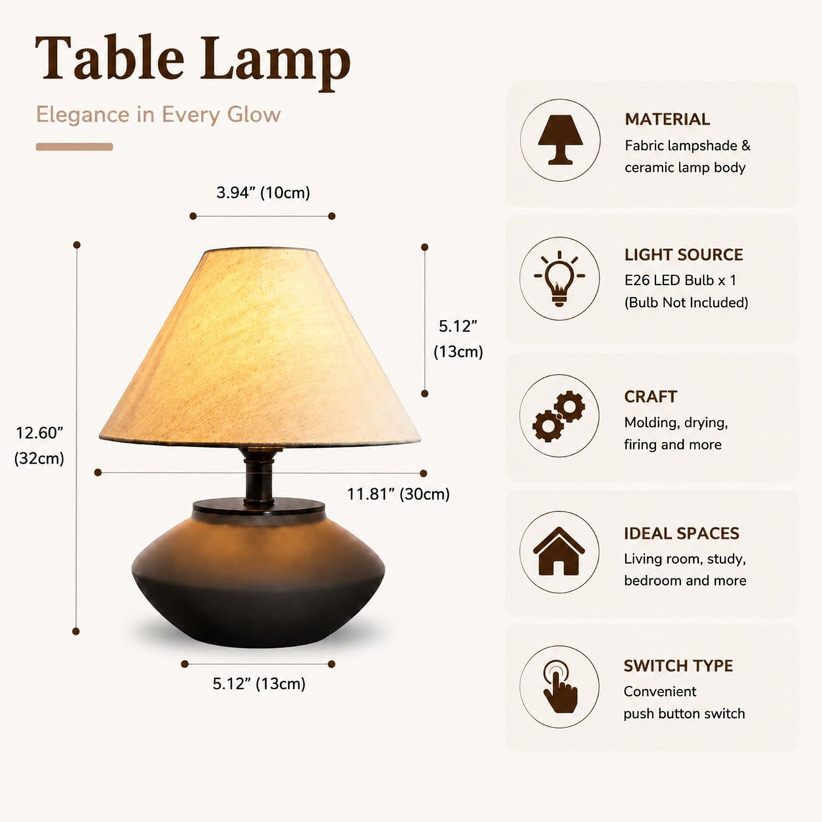 Serello Farmhouse Ceramic Table Lamp – Black Base, Linen Shade