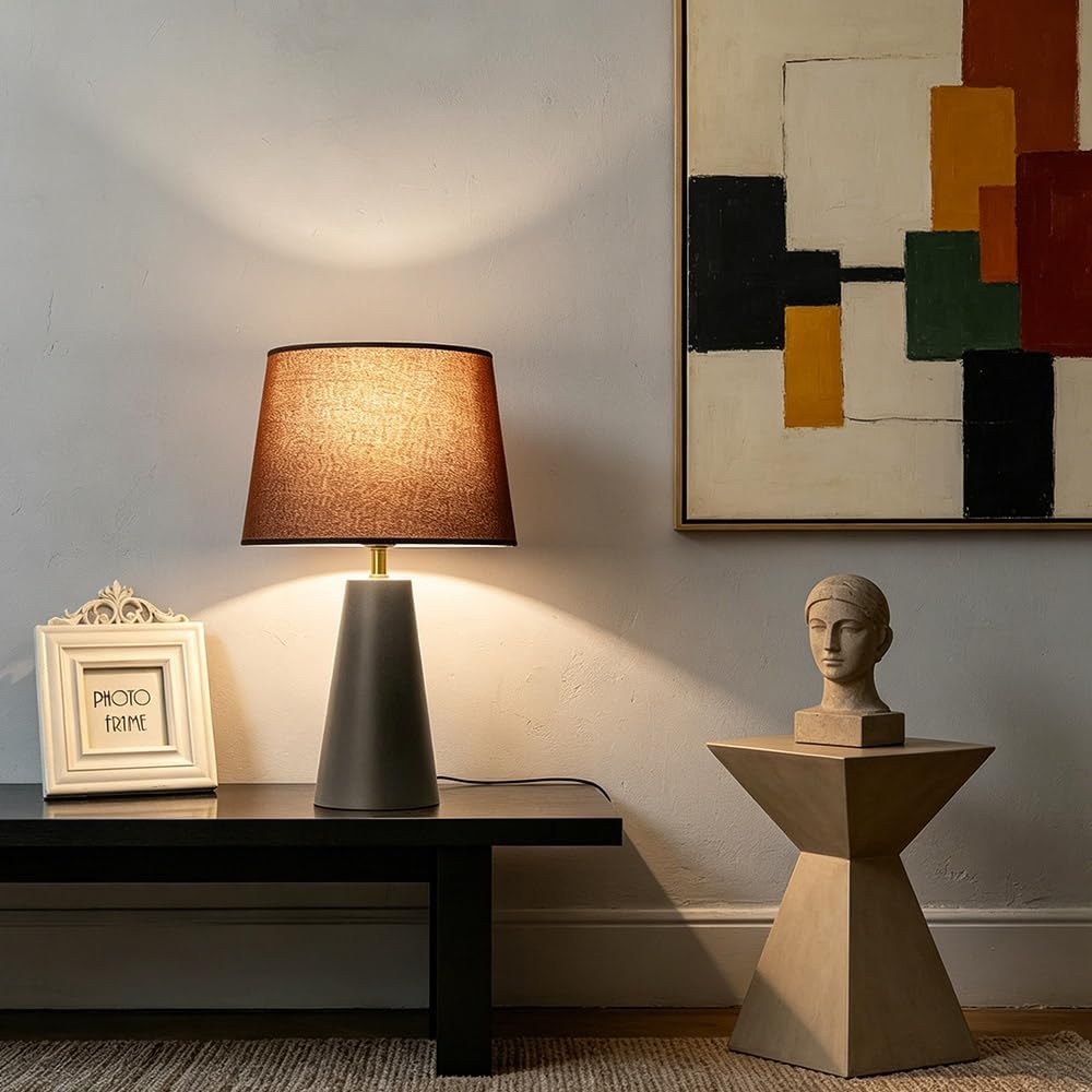 Serello Modern Bedside Table Lamp – Linen Shade, Black Metal Base