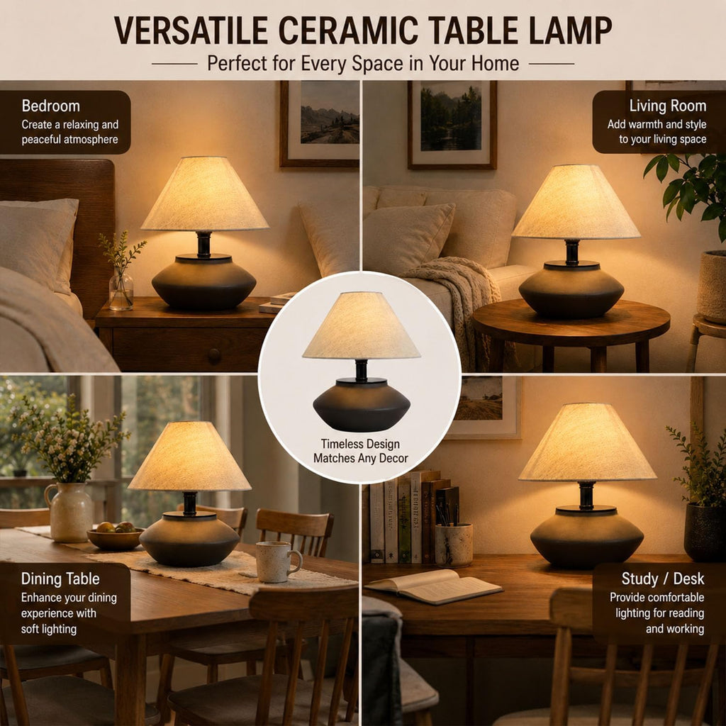 Serello Farmhouse Ceramic Table Lamp – Black Base, Linen Shade