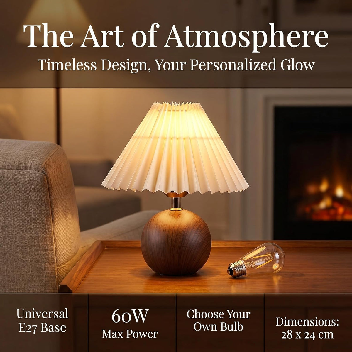 Serello Ceramic Globe Table Lamp – Walnut Base, Beige Shade