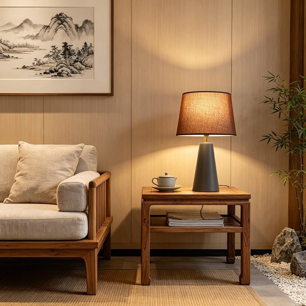 Serello Modern Bedside Table Lamp – Linen Shade, Black Metal Base