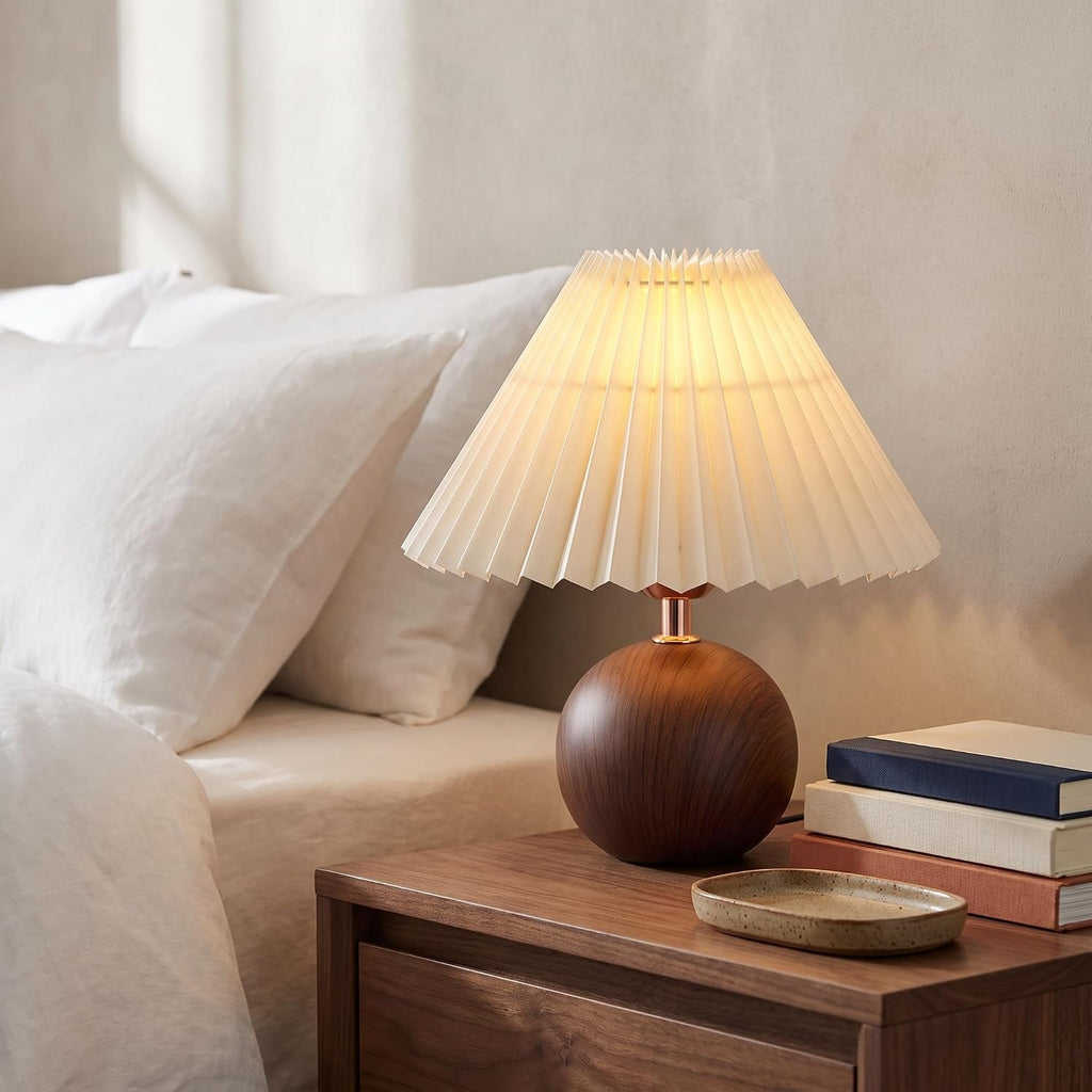 Serello Ceramic Globe Table Lamp – Walnut Base, Beige Shade