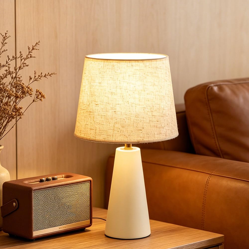 Serello Modern Bedside Table Lamp – Linen Shade, Black Metal Base