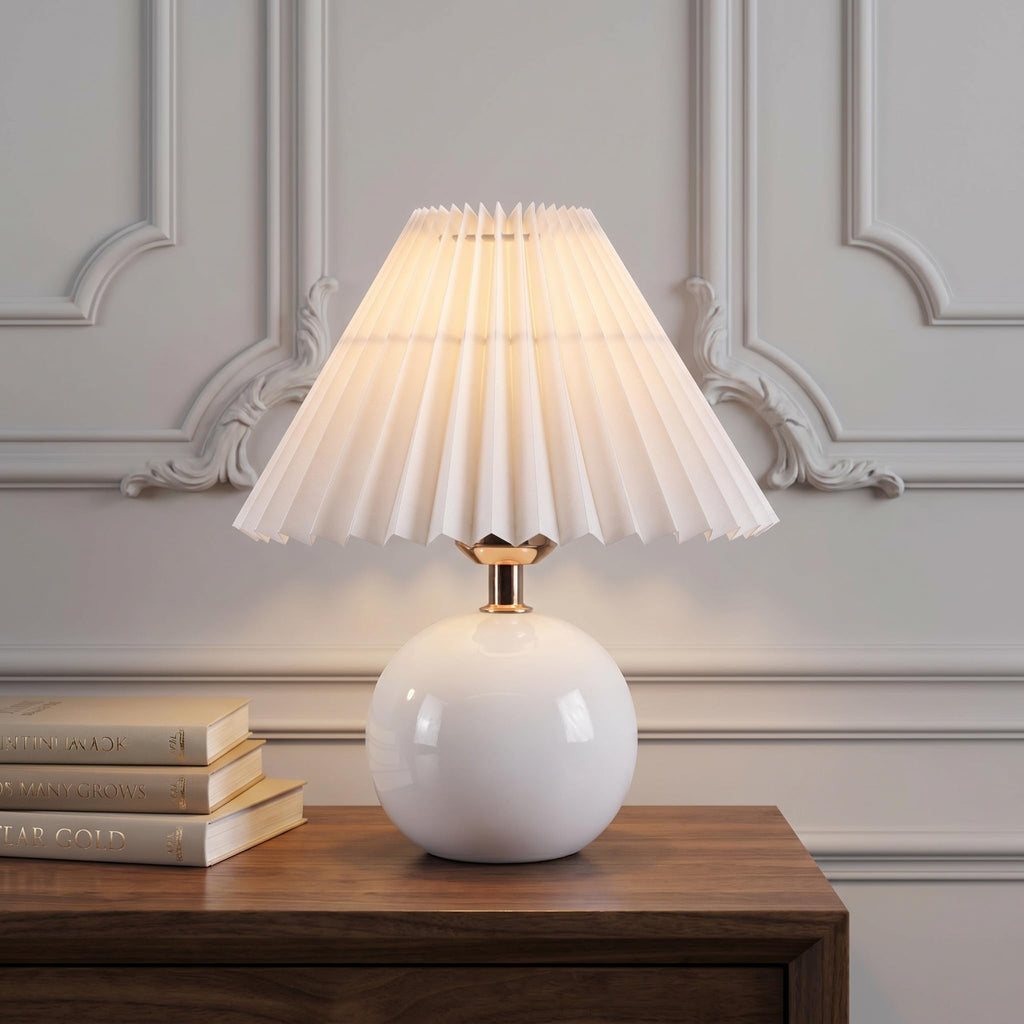 Serello Ceramic Globe Table Lamp – Walnut Base, Beige Shade