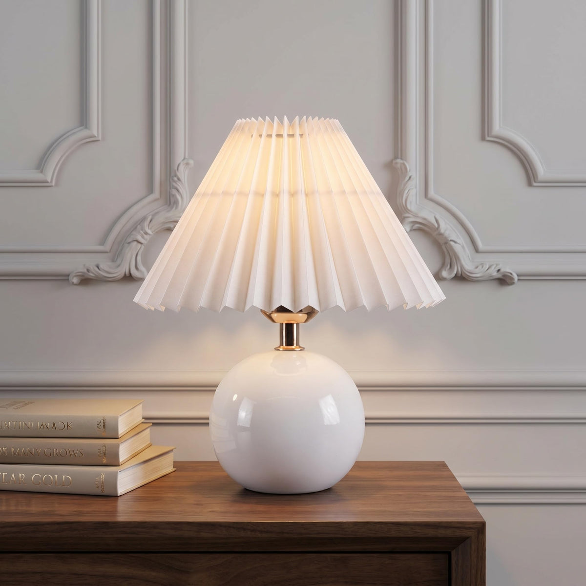 Serello Ceramic Globe Table Lamp – Walnut Base, Beige Shade