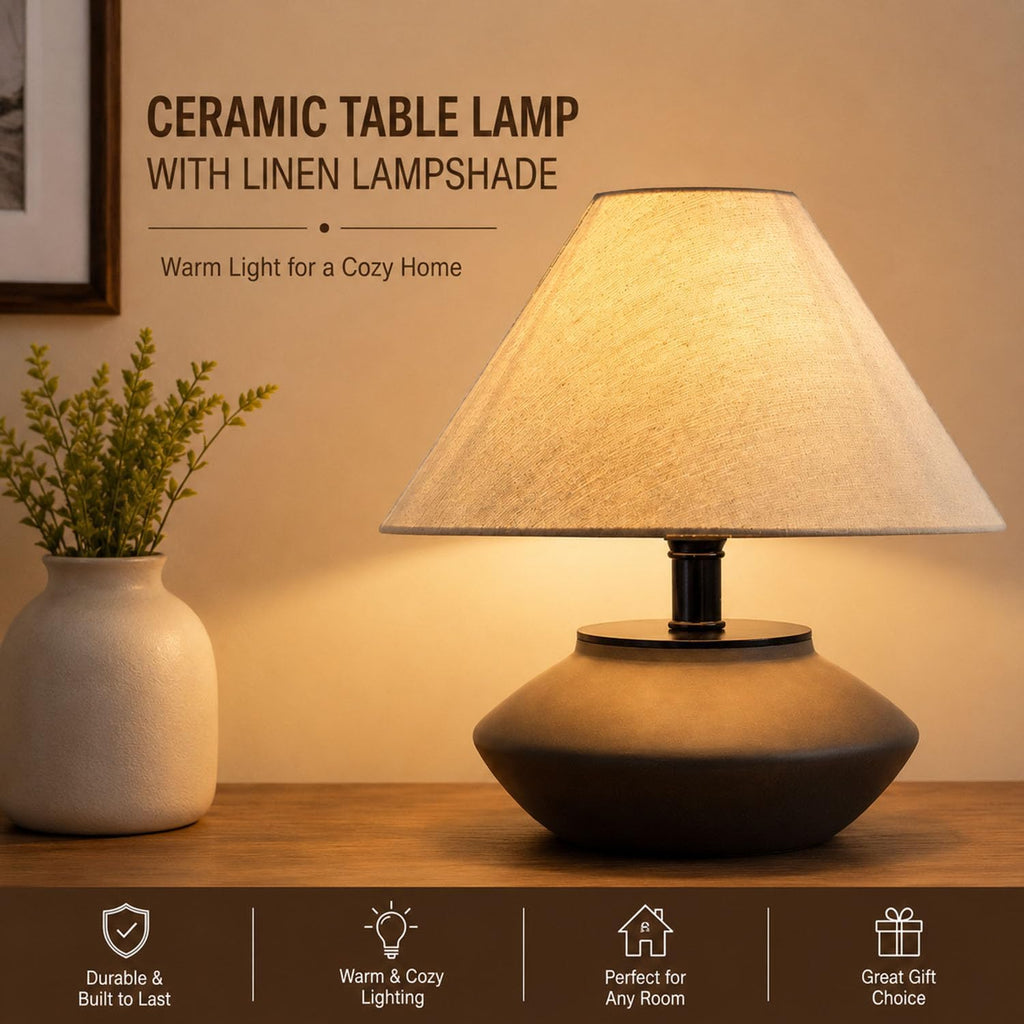 Serello Farmhouse Ceramic Table Lamp – Black Base, Linen Shade