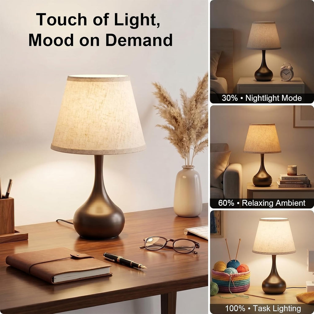 Serello Touch Bedside Table Lamp – 3-Way Dimmable with Fabric Shade