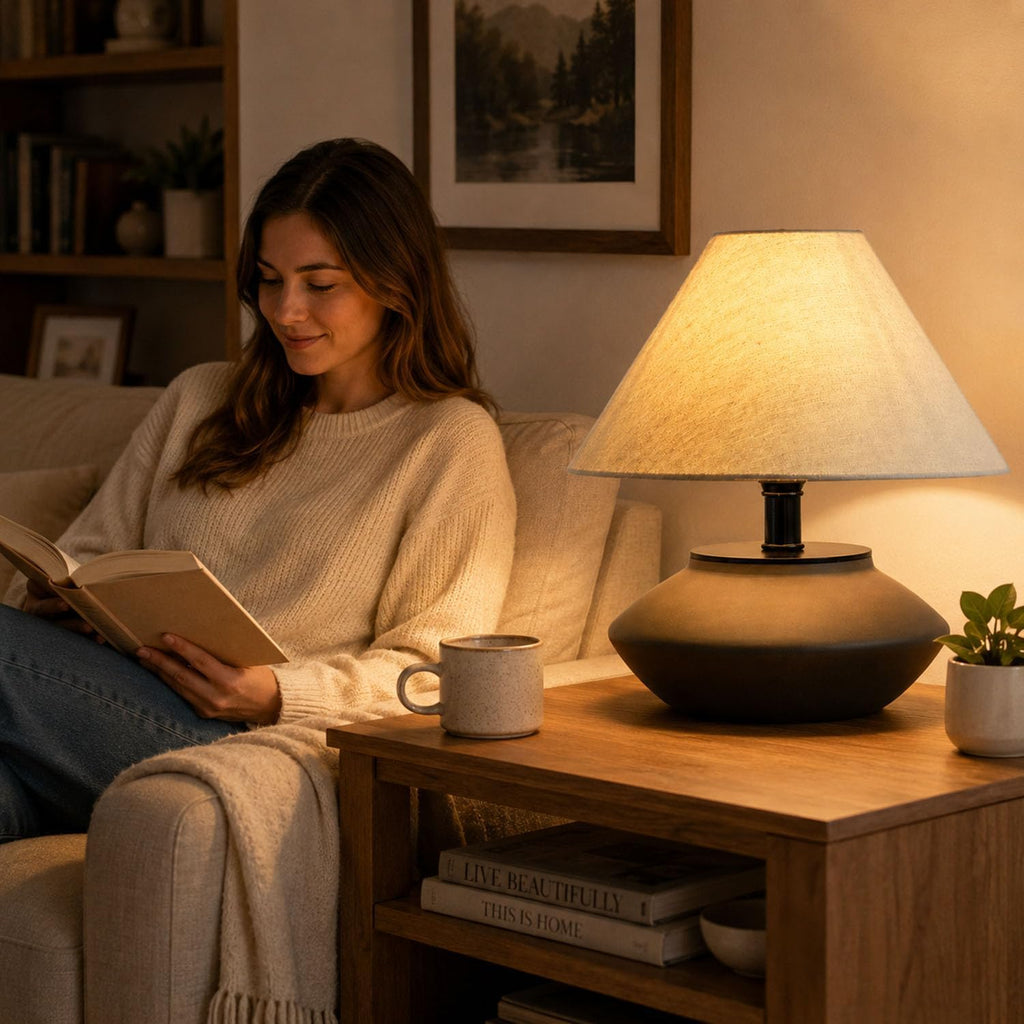 Serello Farmhouse Ceramic Table Lamp – Black Base, Linen Shade