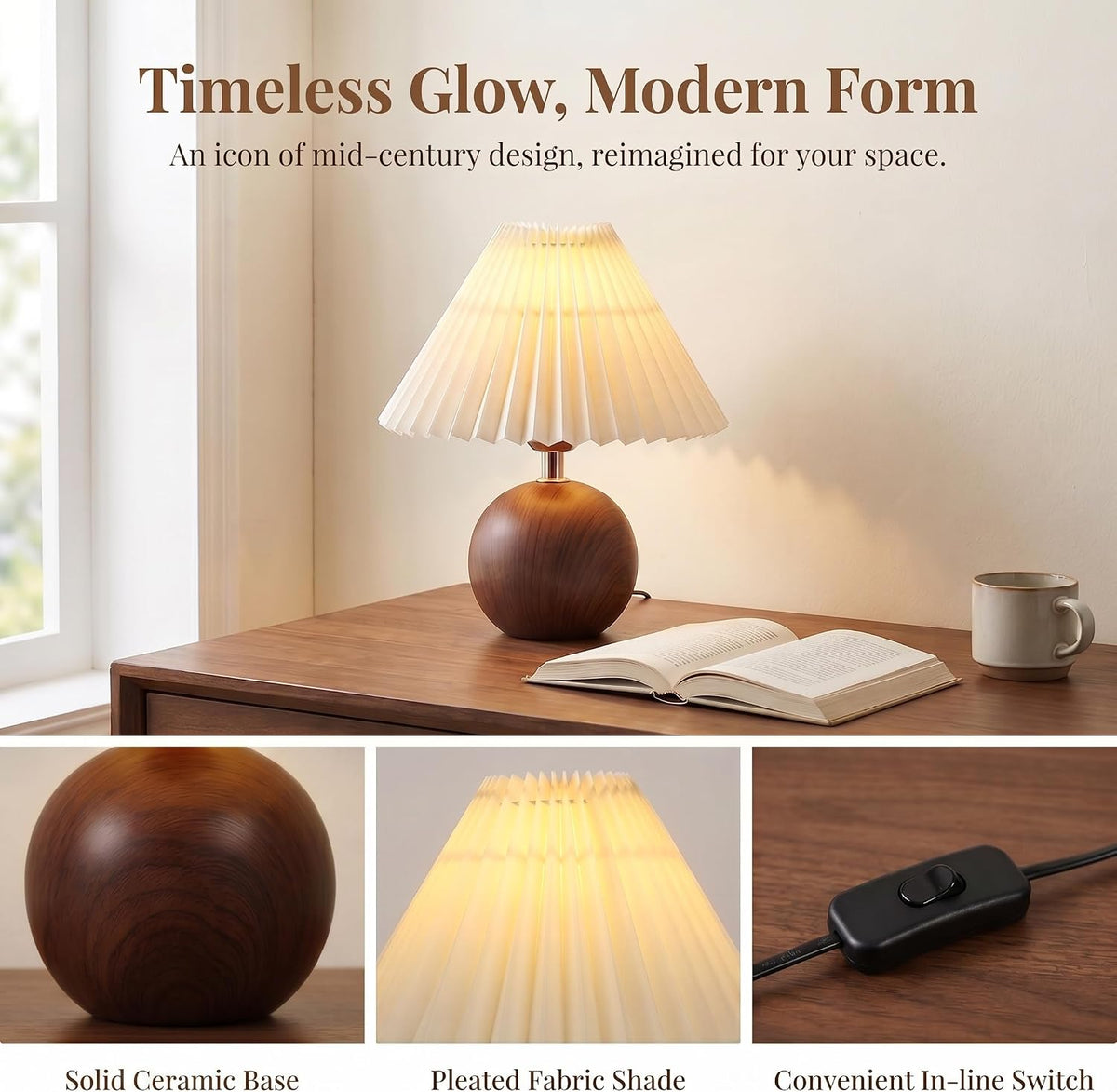 Serello Ceramic Globe Table Lamp – Walnut Base, Beige Shade